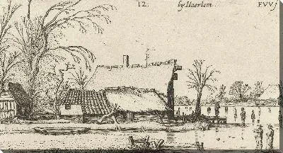 Картина Сельский дом у замерзшей реки с конькобежцами