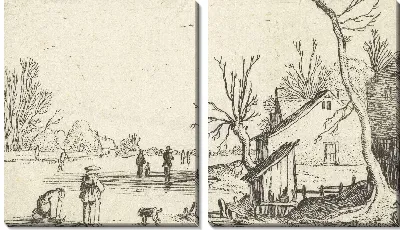 Картина Ферма у замерзшей реки с конькобежцами на льду