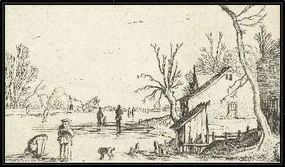 Картина Ферма у замерзшей реки с конькобежцами на льду