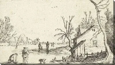 Картина Ферма у замерзшей реки с конькобежцами на льду