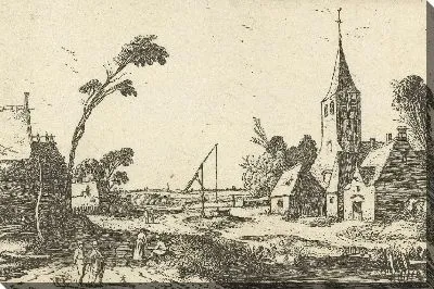 Картина Деревня с видом на фермы, церковь и колодец