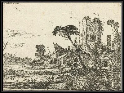 Два монаха на пути мимо ветхой башни