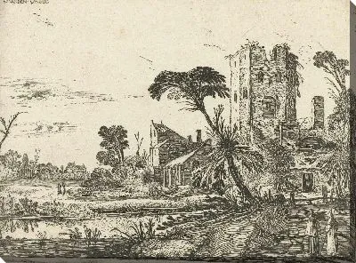 Два монаха на пути мимо ветхой башни