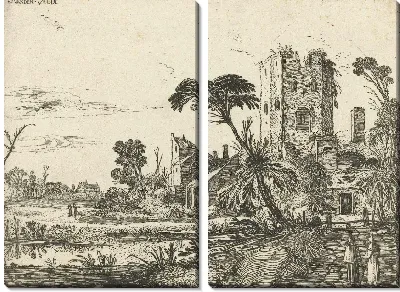 Два монаха на пути мимо ветхой башни