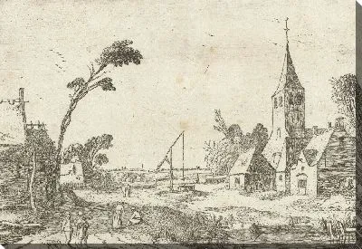 Картина Деревня с видом на фермы, церковь и колодец