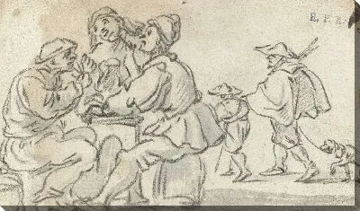 Картина Три фермера за столом и мужчина с собакой в ​​сопровождении мальчика