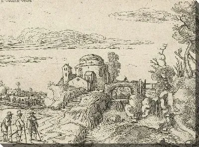 Картина Мост через водопад рядом с круглым зданием с куполом