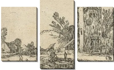 Картина Квадратная башня на замерзшей реке с игроками