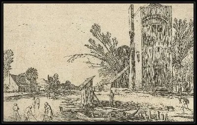 Картина Квадратная башня на замерзшей реке с игроками