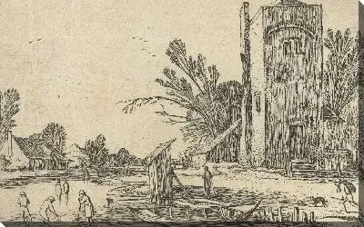 Картина Квадратная башня на замерзшей реке с игроками