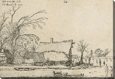 Картина Сельский дом у замерзшей реки с конькобежцами