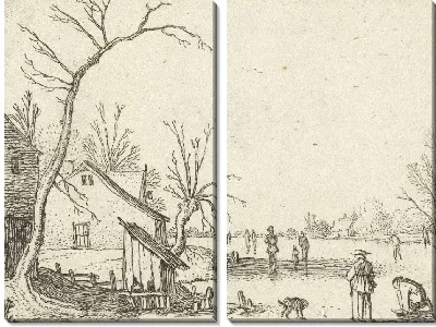 Картина Усадьба возле замерзшей реки и конькобежцы на льду