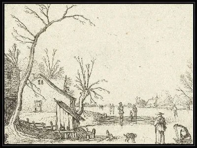 Картина Усадьба возле замерзшей реки и конькобежцы на льду