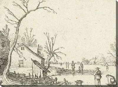 Картина Усадьба возле замерзшей реки и конькобежцы на льду