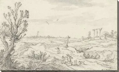 Картина Пейзаж с туристами, попавшими в засаду разбойника