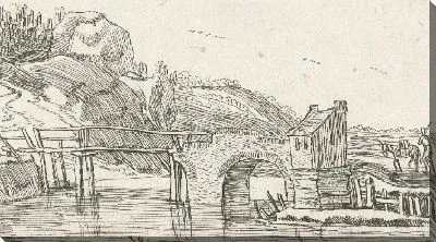 Картина Мужчина ведет осла к мосту