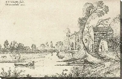 Картина Пейзаж с рекой и сторожкой