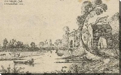 Картина Пейзаж с рекой и сторожкой