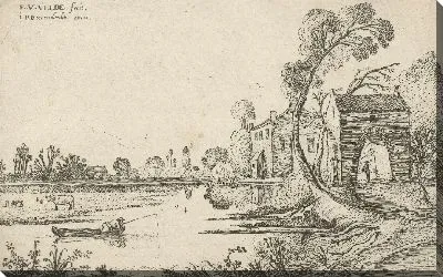 Картина Пейзаж с рекой и сторожкой