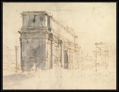 Арка Септимия Севера на Римском форуме, с колонной Фок слева и Храм Сатурна справа