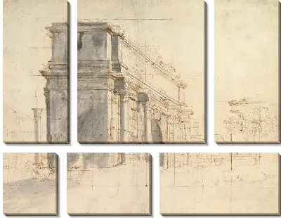 Арка Септимия Севера на Римском форуме, с колонной Фок слева и Храм Сатурна справа