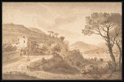 Итальянский речной пейзаж с постоялым двором