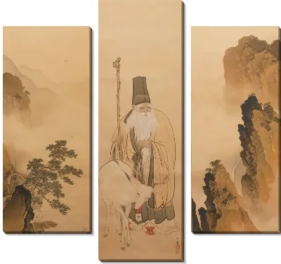 Бог долголетия с белыми оленями в пейзаже