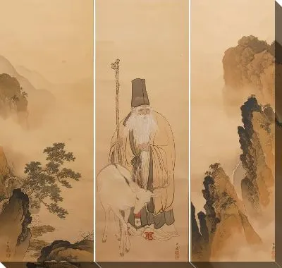 Бог долголетия с белыми оленями в пейзаже