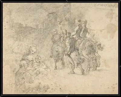 Военные кавалеры входят в город в сопровождении факелоносца в тюрбане.