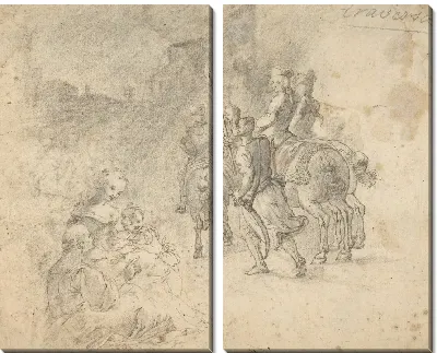 Военные кавалеры входят в город в сопровождении факелоносца в тюрбане.