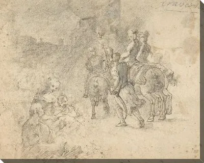 Военные кавалеры входят в город в сопровождении факелоносца в тюрбане.