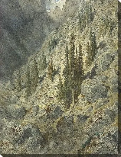 Картина Альпийская долина с деревьями и валунами