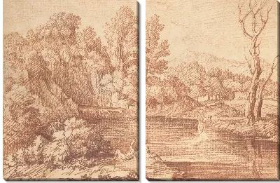 Картина Пейзаж с фигурами на берегу реки