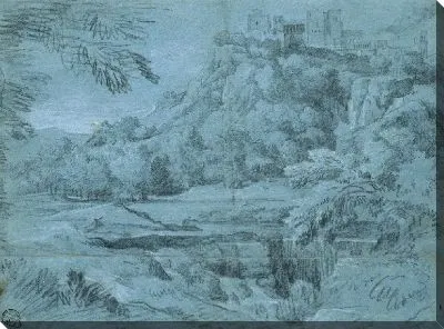 Картина Пейзаж с горным городом и водопадом