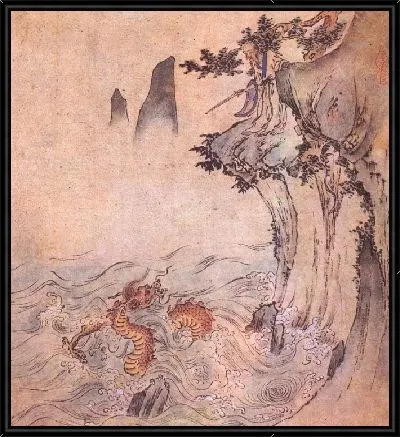 Человек на скале смотрит на борющегося дракона