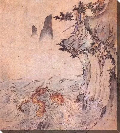 Человек на скале смотрит на борющегося дракона