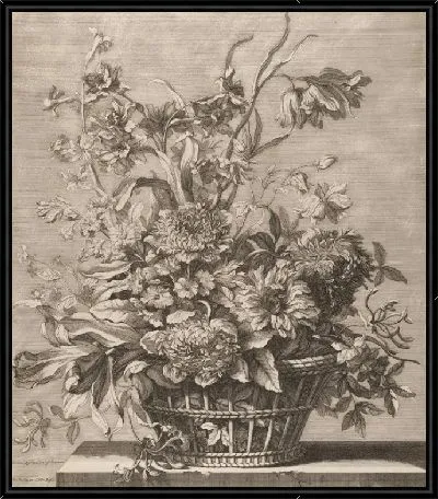 Корзина цветов из Книги нескольких корзин с цветами, созданной и выгравированной Батистом Моннойером (Книга нескольких корзин с цветами, нарисованной и выгравированной Батистом Моннойером)