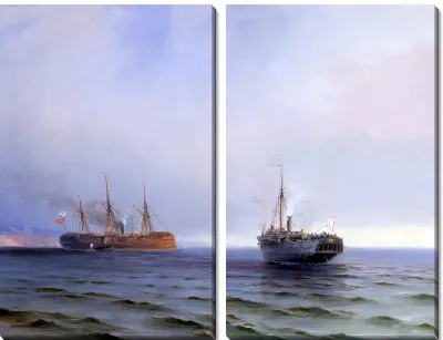 Картина "Захват пароходом "Россия" турецкого военного транспорта "Мессина" на Черном море 13 декабря 1877 г." (Capture of the steamer ""Russia,"" the Turkish military transport 'Messina' in the Black Sea December 13, 1877)"