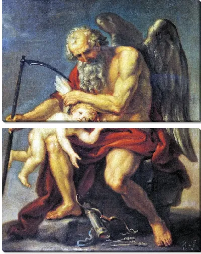 Картина Сатурн с косой, сидящий на камне и обрезающий крылья Амуру (Saturn with a scythe, sitting on a stone and cut the wings of Cupid)