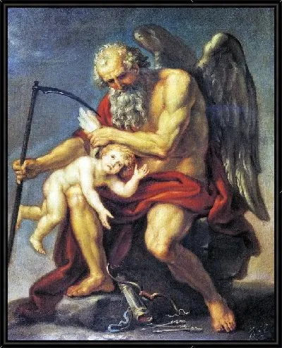 Картина Сатурн с косой, сидящий на камне и обрезающий крылья Амуру (Saturn with a scythe, sitting on a stone and cut the wings of Cupid)