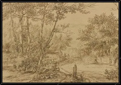 Вид на тропинку в Гаагском лесу с нищими у дверей коттеджа