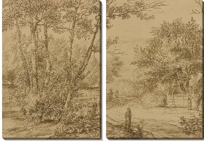 Вид на тропинку в Гаагском лесу с нищими у дверей коттеджа