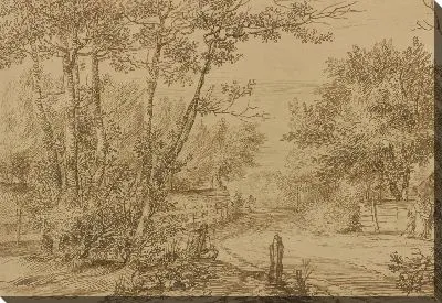 Вид на тропинку в Гаагском лесу с нищими у дверей коттеджа