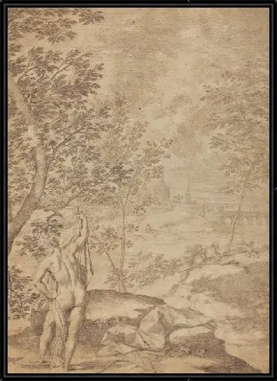 Картина Аполлон стоит в речном пейзаже