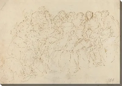 Магдалина омывает ноги Христу восемью учениками, глядя на [recto]