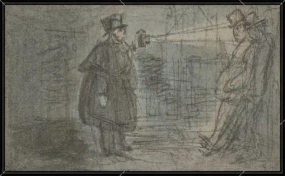 Сторож, освещающий факел пьяной фигурой