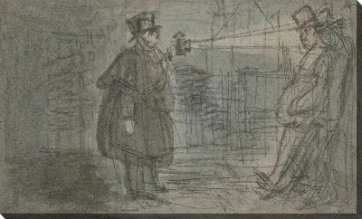 Сторож, освещающий факел пьяной фигурой