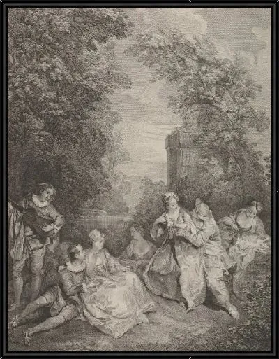 Картина «Галантный разговор» : пары участвуют в беседе в саду, слева музыкант играет для группы, справа женщина держит лежащую собачку