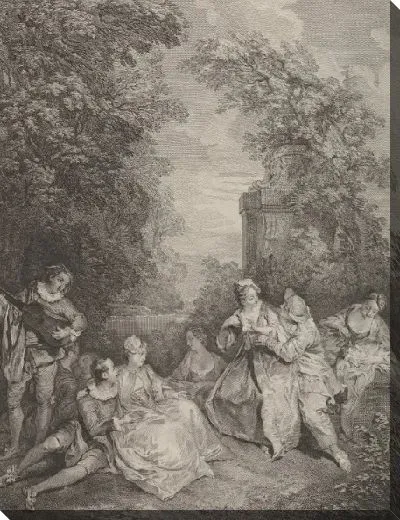Картина «Галантный разговор» : пары участвуют в беседе в саду, слева музыкант играет для группы, справа женщина держит лежащую собачку