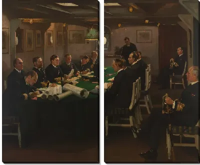 Картина Конец: Передняя часть "Королевы Елизаветы" с адмиралом Битти, читающим условия капитуляции германского флота, Розит, 16 ноября 1918 года.